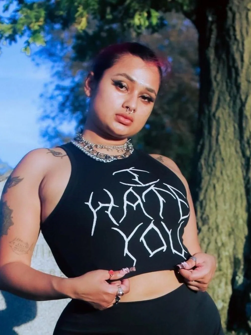Dolls Kill Black Crop Tank with White "I Hate You" Graphic - Picture 2 of 2